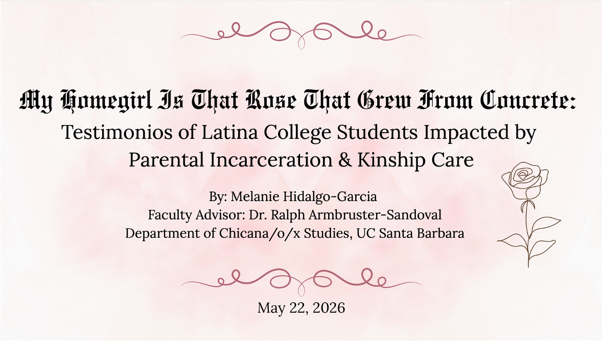 A presentation slide titled "My Homegirl Is That Rose That Grew From Concrete: Testimonios of Latina College Students Impacted by Parental Incarceration & Kinship Care" by Melanie Hidalgo-Garcia. The presentation date is May 22, 2026. It lists Dr. Ralph Armbruster-Sandoval as the Faculty Advisor from the Department of Chicana/o/x Studies at UC Santa Barbara. The slide features decorative pink swirls at the top and bottom, a light pink watercolor background texture, and a simple line drawing of a single rose